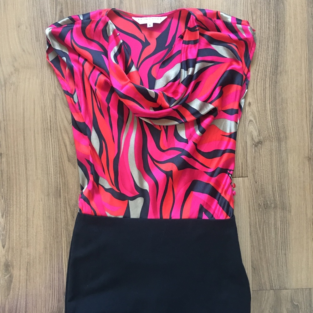 Trina Turk | Vintage Cowl Neck Colorful Silk Cocktail Party Dress - Red, Black - Picture 9 of 9
